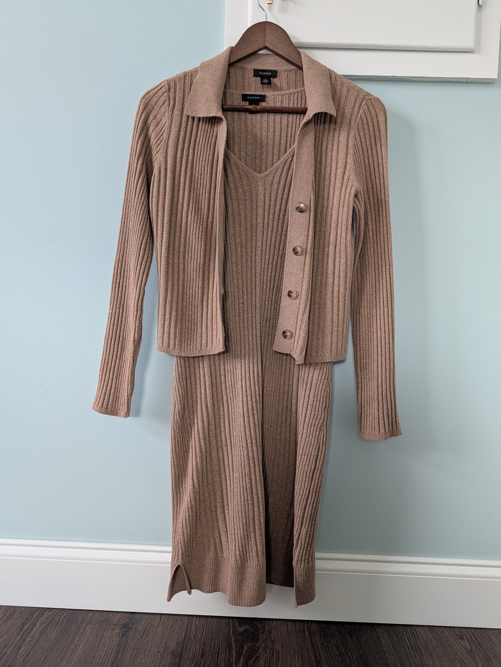 Halogen Ribbed Knit Dress With Cardigan In Camel - Picture 1 of 6